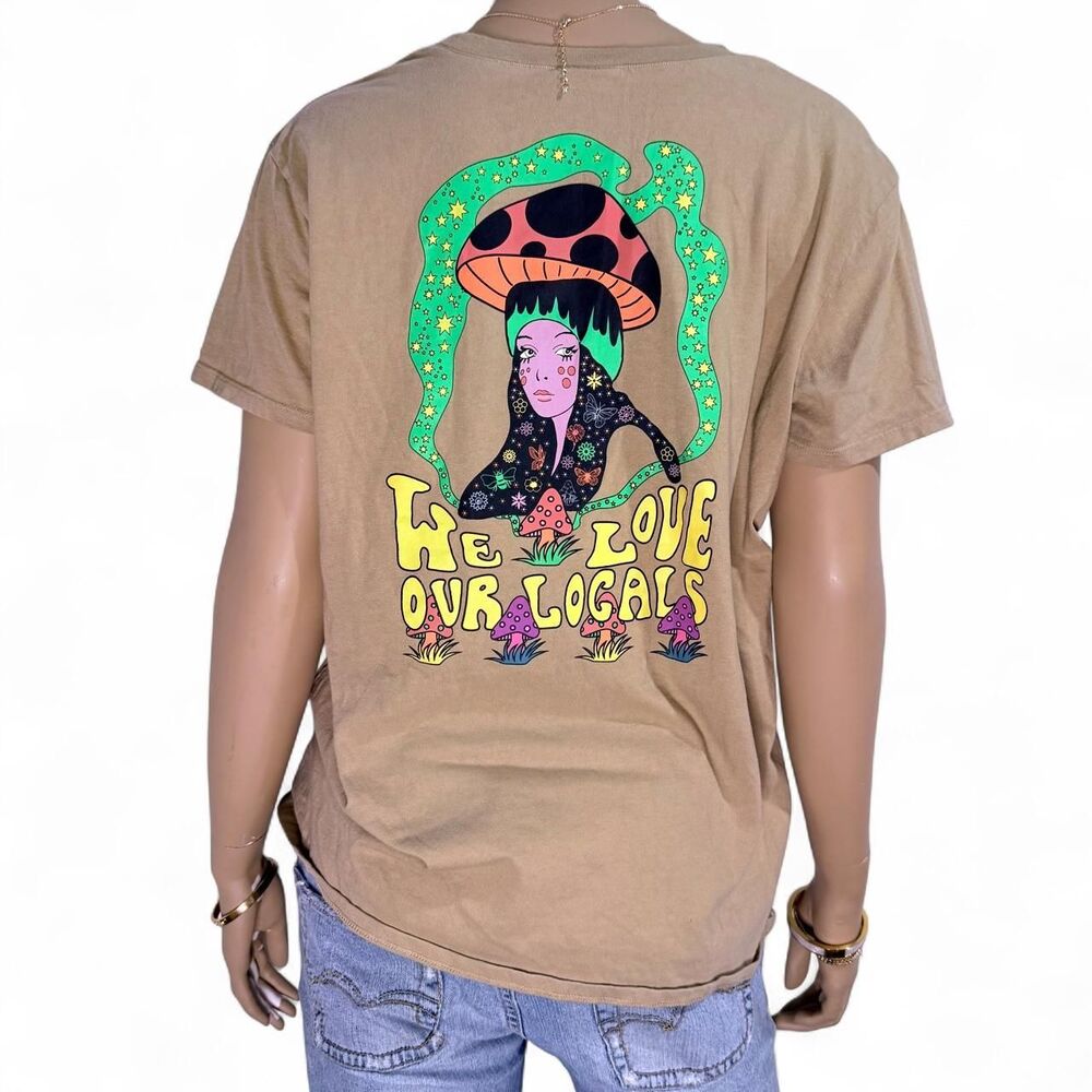 A-Lab We Love Our Locals Mushroom Graphic Tee Tan Large Fairycore Neon Festival
